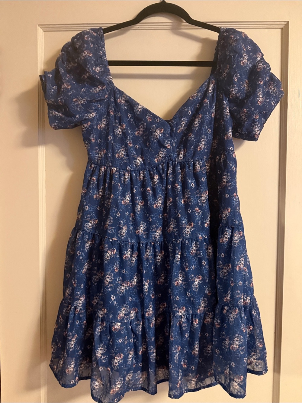 Altar'd State Blue Floral Puff-Sleeve Tiered Dress